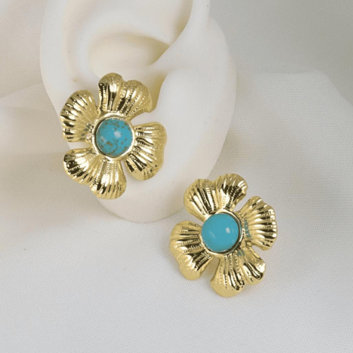 Aretes Flor Dorada con Centro Turquesa