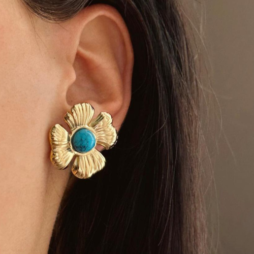 Aretes Flor Dorada con Centro Turquesa